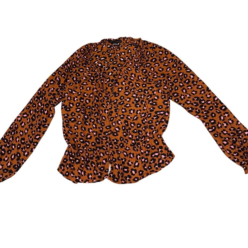 Sanctuary Women XL Bold Leopard Cheetah Print Peplum Blouse Brown Pink Shirt Top